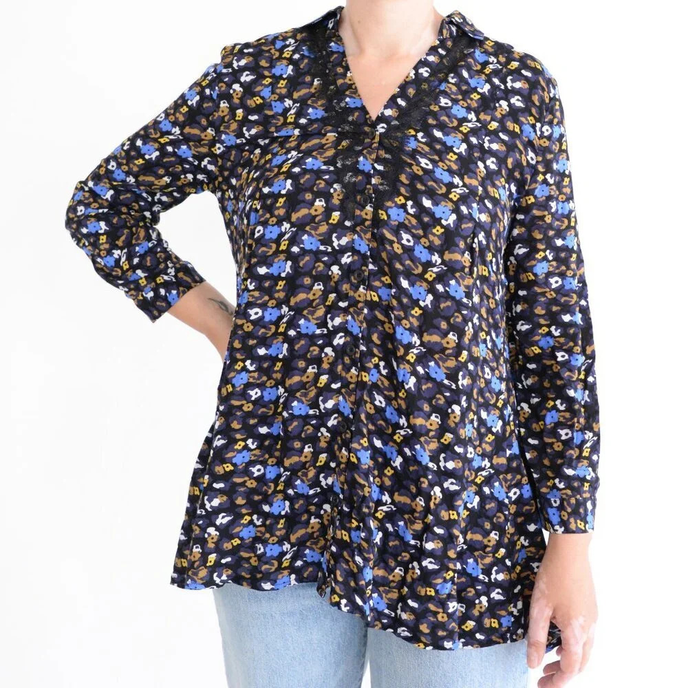 Anthropolgie 11.1.Tylho Namura Black Blue Floral Button Front Tunic Prairie S